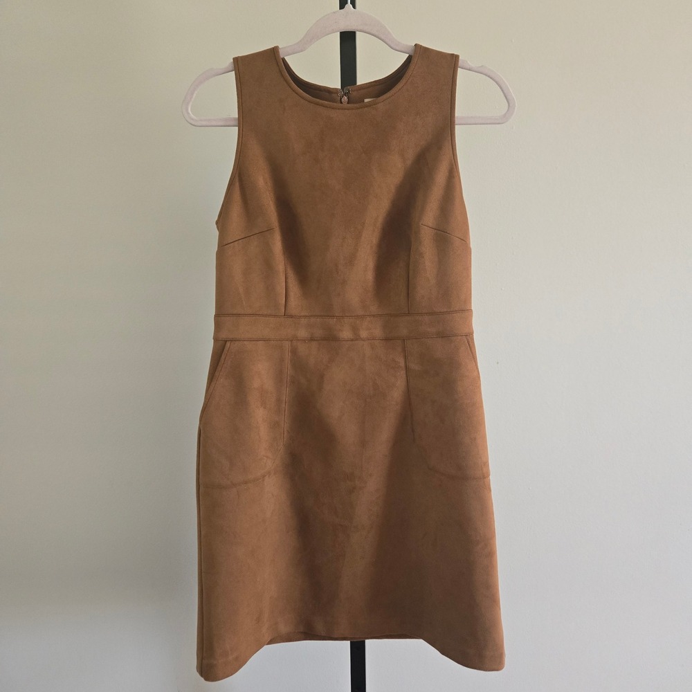 LOFT Outlet Petite Faux Suede Sleeveless Shift Dress Brown 8P Camel Fall Modern
